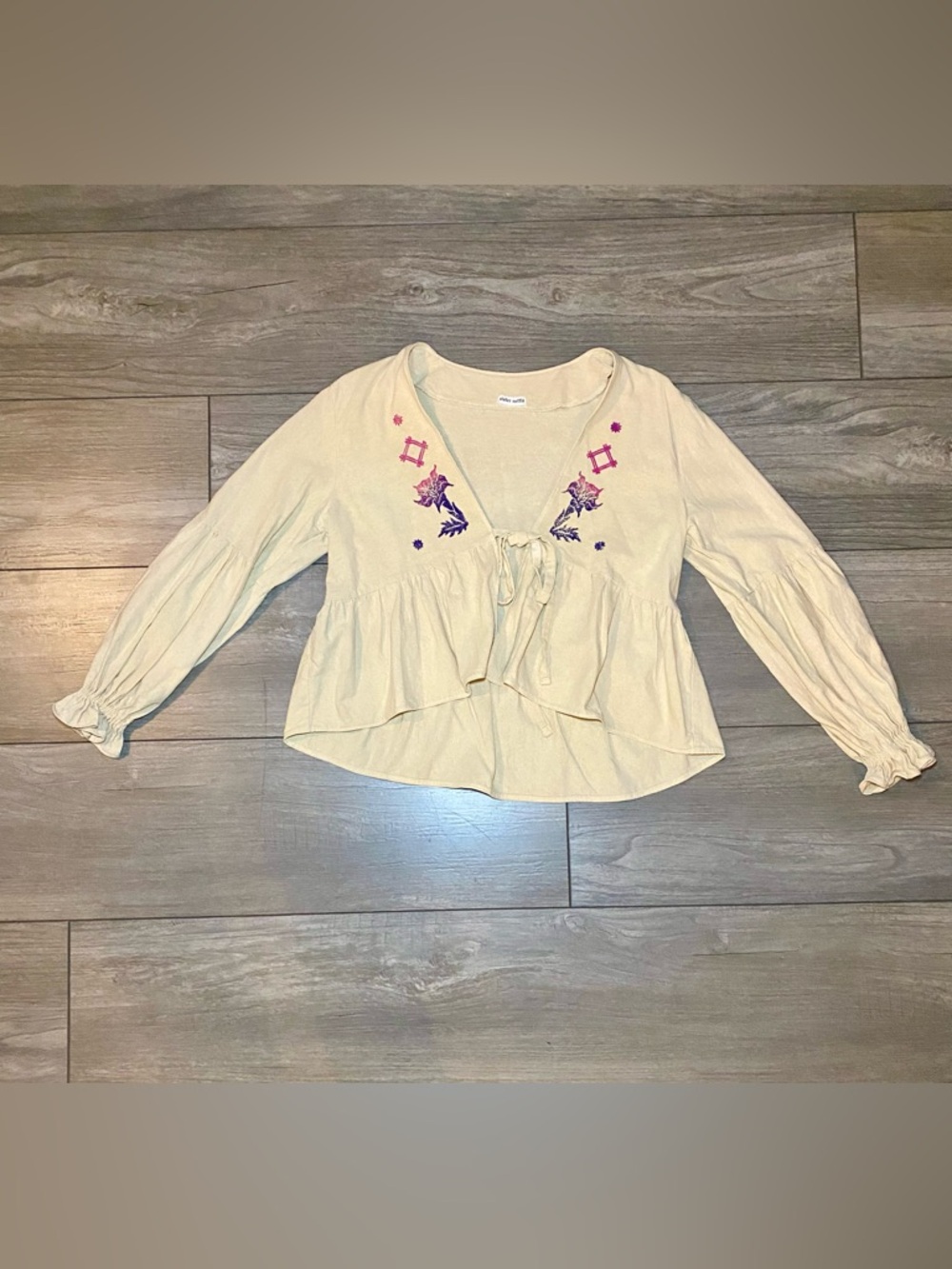 BEAUTIFUL Hand Printed Botanical Butterfly Raw Silk Tie-Front Peplum Peasant Top